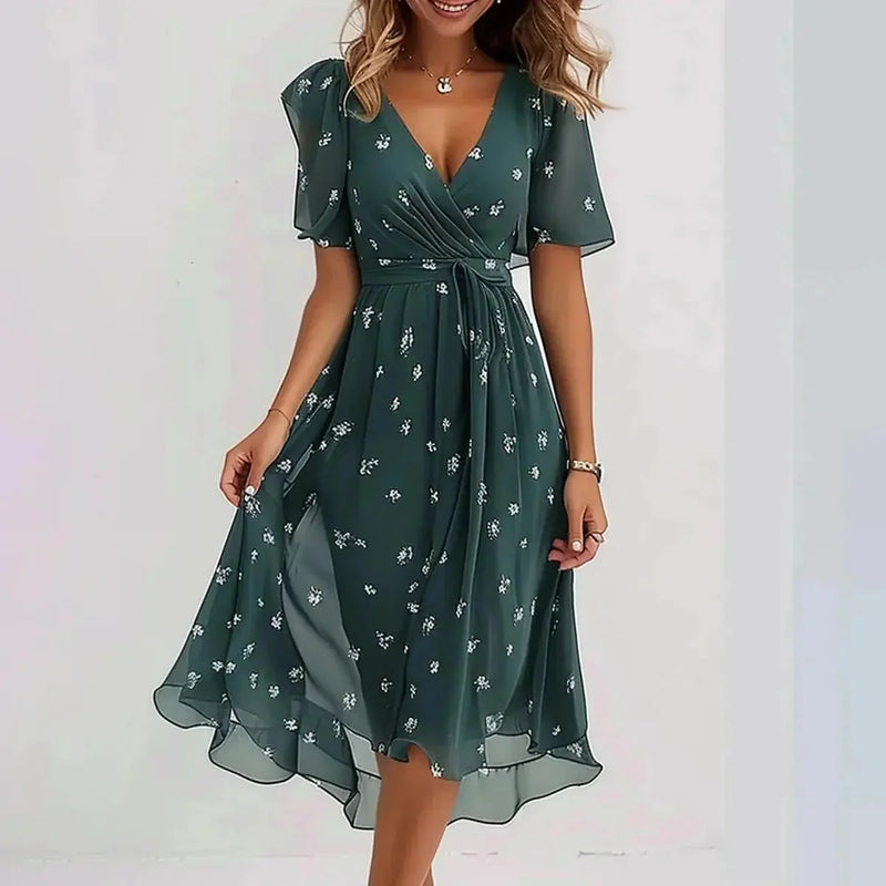 chiffon fabric dress | floral printed summer dress | v-neck short sleeve dress | ultrasonic cleaning