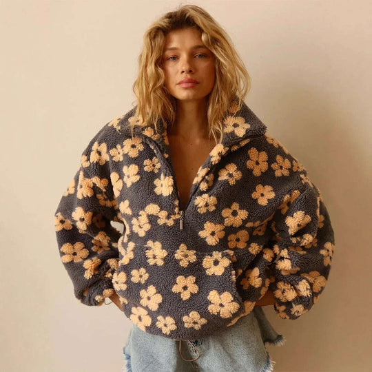 Winter Flowers Lambskin Sweatshirt With Big Pocket Casual Loose Zip-up Lapel Pullover Top Women's Clothing Meifu Market