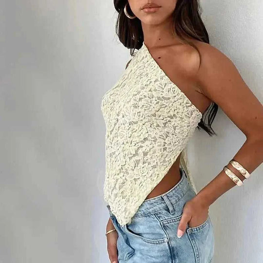 Ins Lace Backless Top Summer Solid Color Waistless Asymmetrical Sloped Neck Vest Streetwear Womens Clothes White - availab...