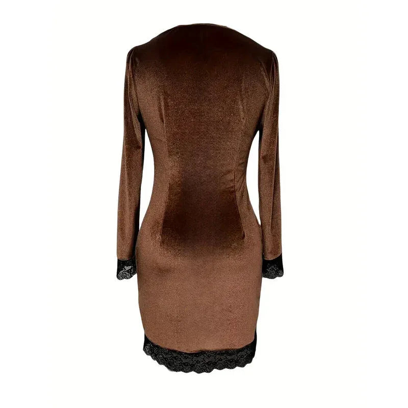 Women's Sexy V-Neck Bodycon Short Dress With Lace Trim And Button Details Long Sleeve Spring Summer Mini Dress Meifu Market