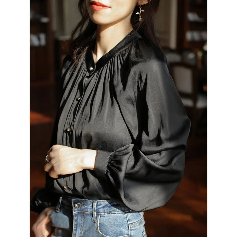 polyester acetate silk blouse | retro satin womens shirt | european style silk blouse | energy saving
