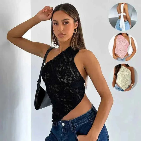 Ins Lace Backless Top Summer Solid Color Waistless Asymmetrical Sloped Neck Vest Streetwear Womens Clothes White - color v...