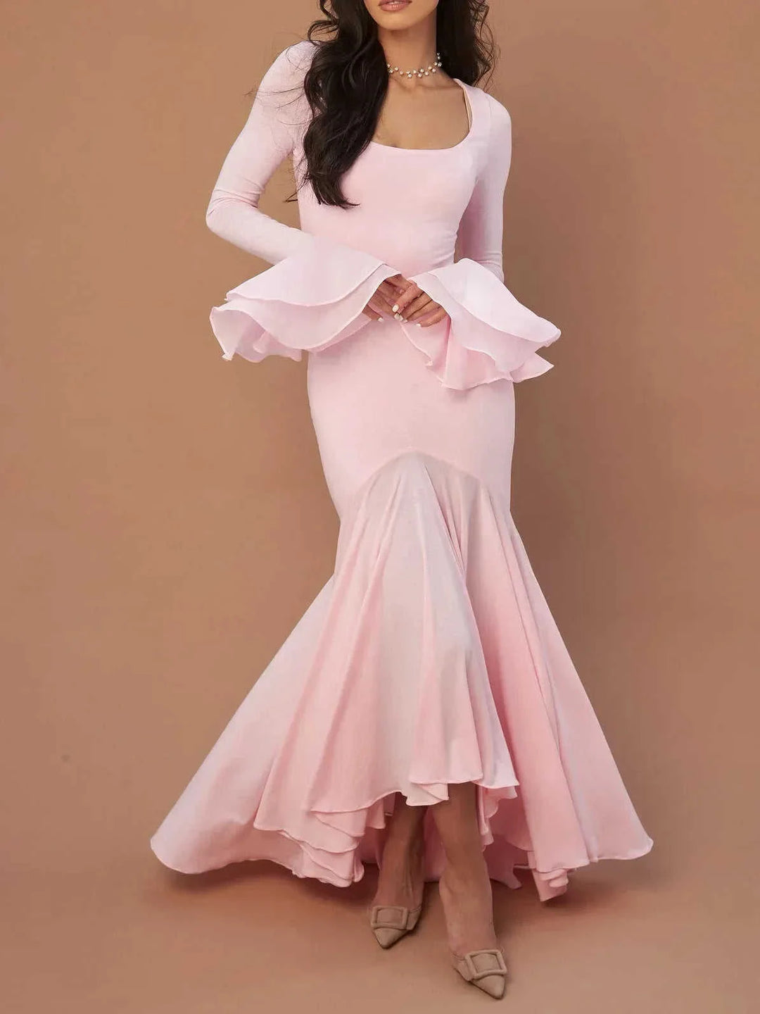double layer chiffon maxi dress | ruffle sleeves evening dress | solid color wedding guest dress | ultrasonic cleaning
