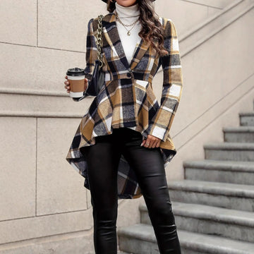 Plaid Pattern Button Front Jacket Long Sleeve High And Low Flared Jacket Meifu Market