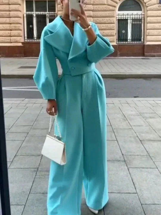 polyester blend suit set | petite size blazer pantsuit | high waisted trousers set | ultrasonic cleaning