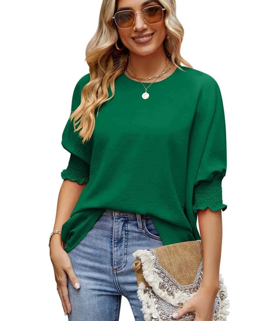 loose fit t-shirt | elastic sleeve top | solid color womens tee | energy saving