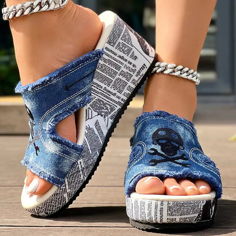 Newspaper Skull Original Hem Platform Wedge Slides - Anklet Not Included Meifu Market