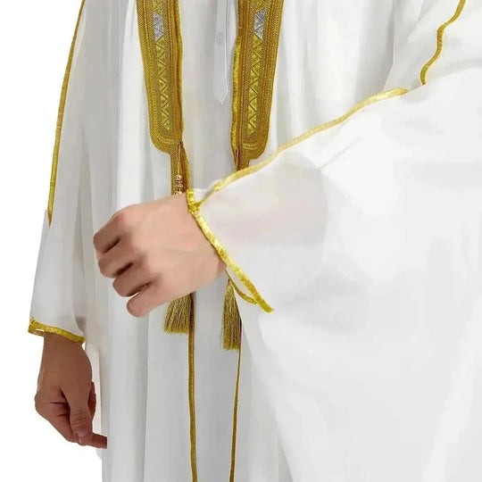 long sleeve chiffon robe | embroidered mens arabic robe | golden ball tassel details | energy saving
