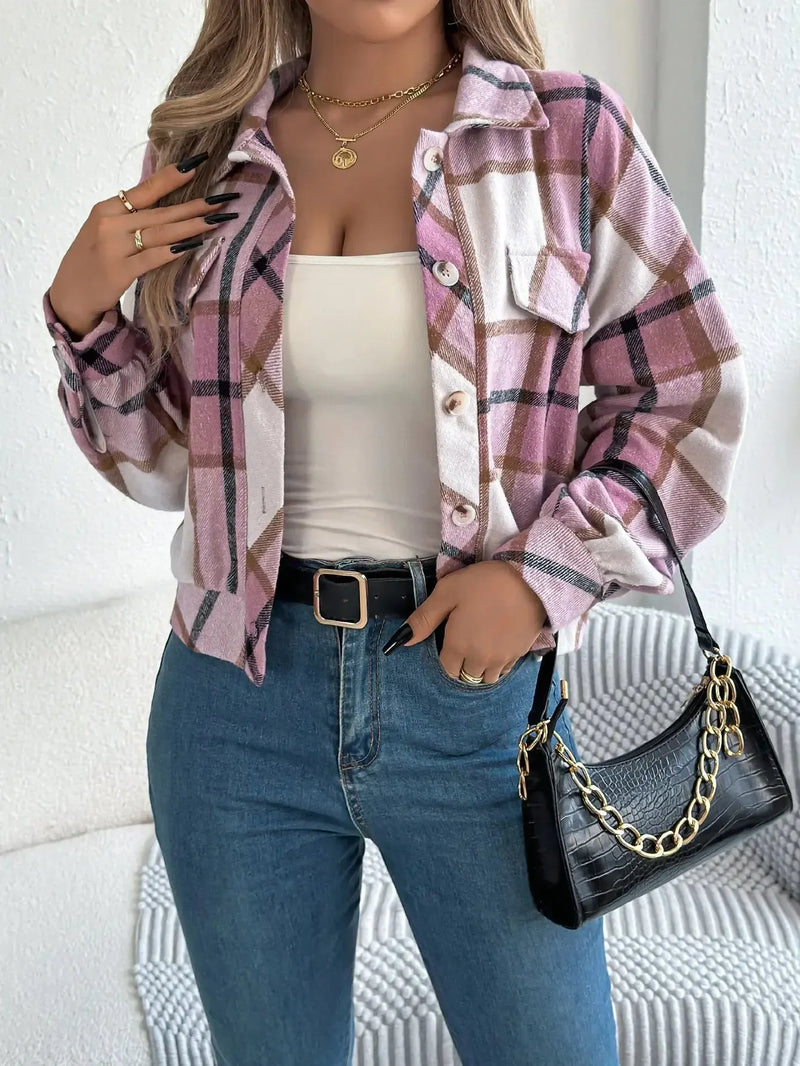 Autumn And Winter Casual Plaid Pocket Long Sleeve Woolen Jacket Coat Meifu Market