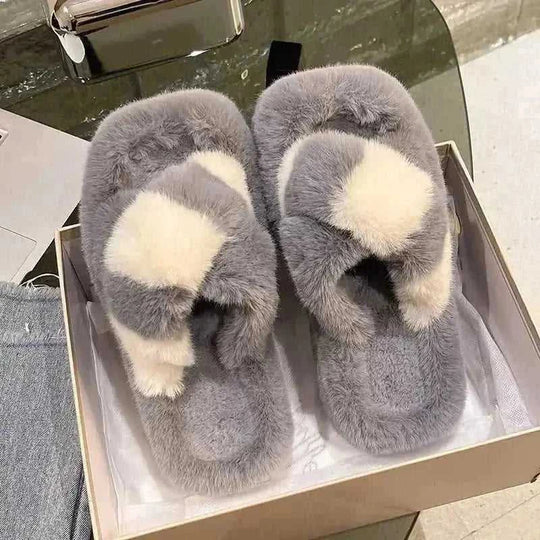 cross-strap fuzzy slippers | 5cm heel house shoes | plush indoor slippers women | energy saving