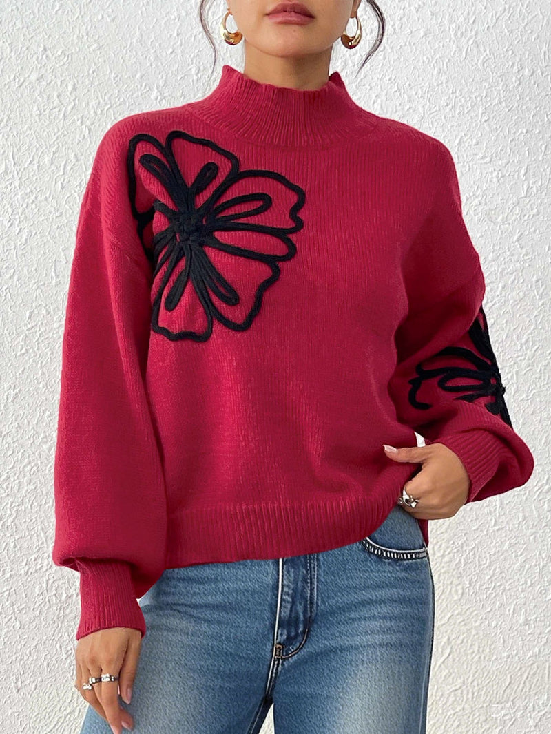 Women's Three-dimensional Ribbon Embroidery Flower Mock Neck Sweater Meifu Market