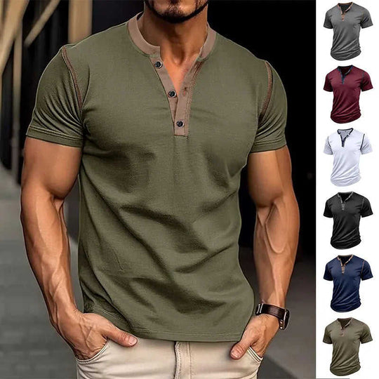 Fashion Short-sleeved Polo Shirt Summer Button V-neck T-shirt Tops Mens Clothing Dark Grey - main product image