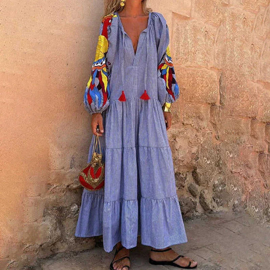 Women's Stripe Maxi Dress, V Neck Puff Long Sleeve With Tiered Ruffle Hem Swing Dress Meifu Market