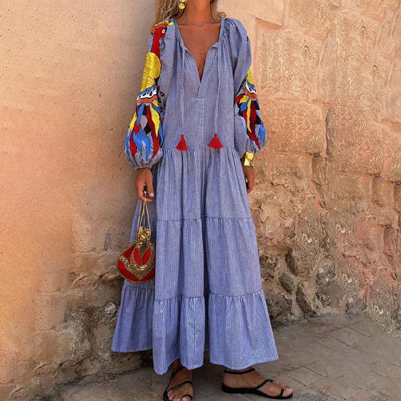 Women's Stripe Maxi Dress, V Neck Puff Long Sleeve With Tiered Ruffle Hem Swing Dress Meifu Market