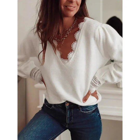 lace trim v neck sweater | long sleeve pullover top | lightweight knitwear for women | ultrasonic cleaning