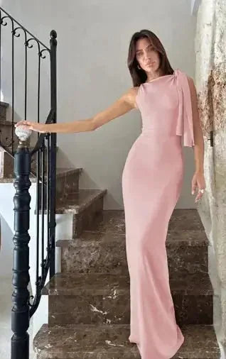 one shoulder evening dress | ribbon detail party dress | slim fit sleeveless dress | ultrasonic cleaning