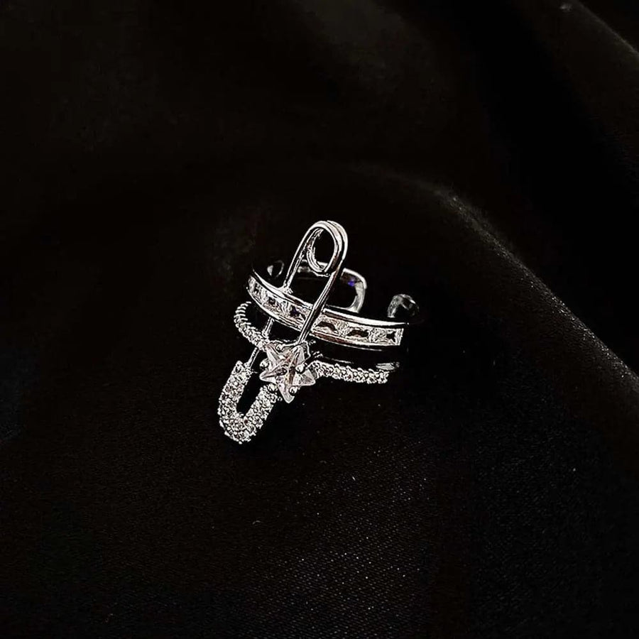 Creative Micro-Inlaid Zircon Safety Pin Ring Double Layer Open Finger