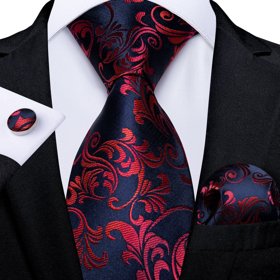 Designer Men's Silk Tie Set Luxury Black Silver Blue Paisley Business
