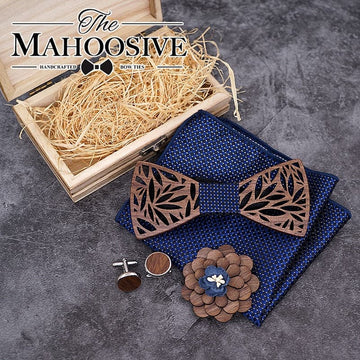 Wooden Bow Tie Handkerchief Set Men's Plaid Bowtie Wood Hollow Carved Cut Out Floral design And Box Fashion Novelty Men ties - Meifu Market