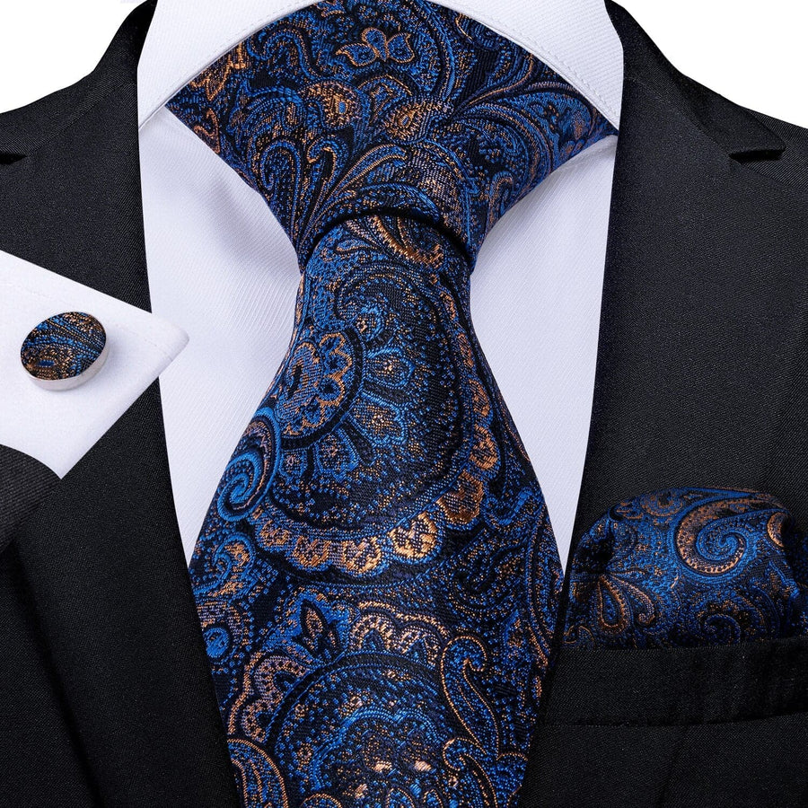 Designer Men's Silk Tie Set Luxury Black Silver Blue Paisley Business
