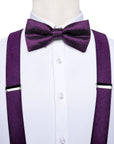 DiBanGu Luxury Purple Silk Men's Suspenders Leather Metal 6 Clips Adjustable Braces Pre-Tied Bow Tie Pocket Square Set #4008 - Meifu Market