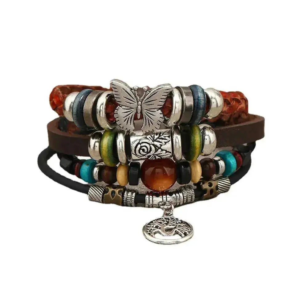 Newbutterfly Retro Leather Bracelet European American Cross-border Hot Ethnic Style Multi-layer Cat's Eye Peace Stainless Steel Meifu Market
