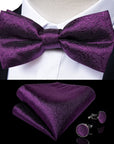 DiBanGu Luxury Purple Silk Men's Suspenders Leather Metal 6 Clips Adjustable Braces Pre-Tied Bow Tie Pocket Square Set #4008 - Meifu Market