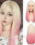 long straight hair wig synthetic pink bangs cosplay wig ladies
