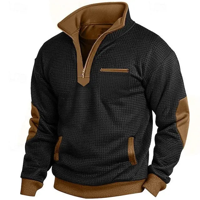 Men's Waffle Contrast Color Pocket Zipped Stand Collar Sweatshirt Meifu Market