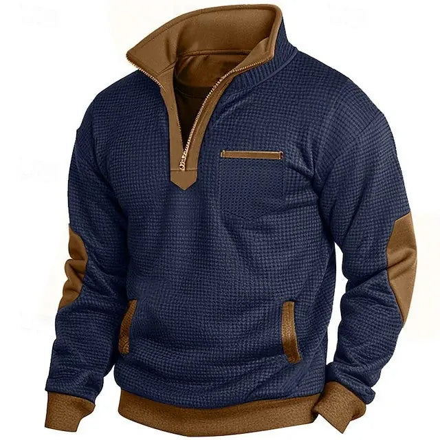 Men's Waffle Contrast Color Pocket Zipped Stand Collar Sweatshirt Meifu Market