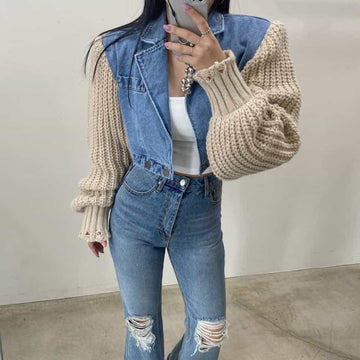 Women's Autumn Retro Minority Patchwork Knitting Denim Coat 