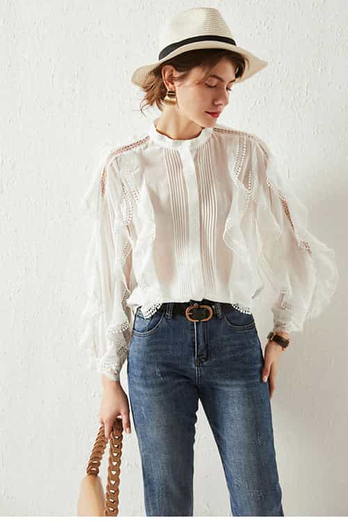 French Linen Elegant Wooden Ear Belly Covering Slimming Loose All-match Lace Sense Of Design Shirt 