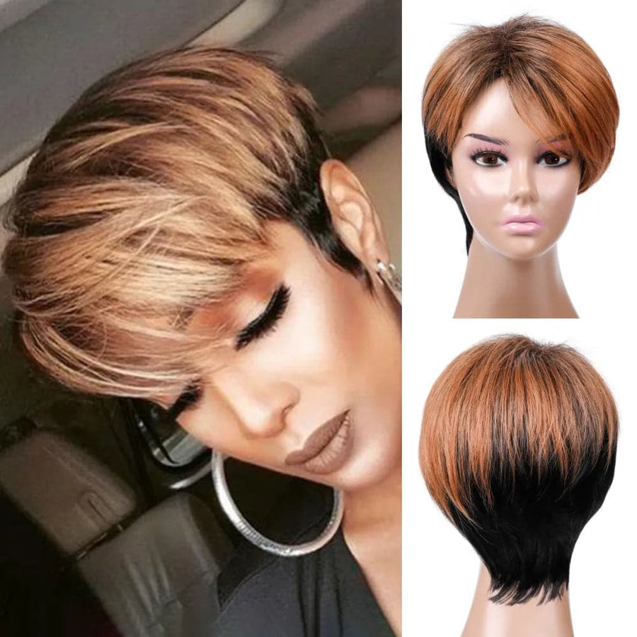 Ladies Short Brown Synthetic Wig Pixie Cut Hairstyle Straight Wig
