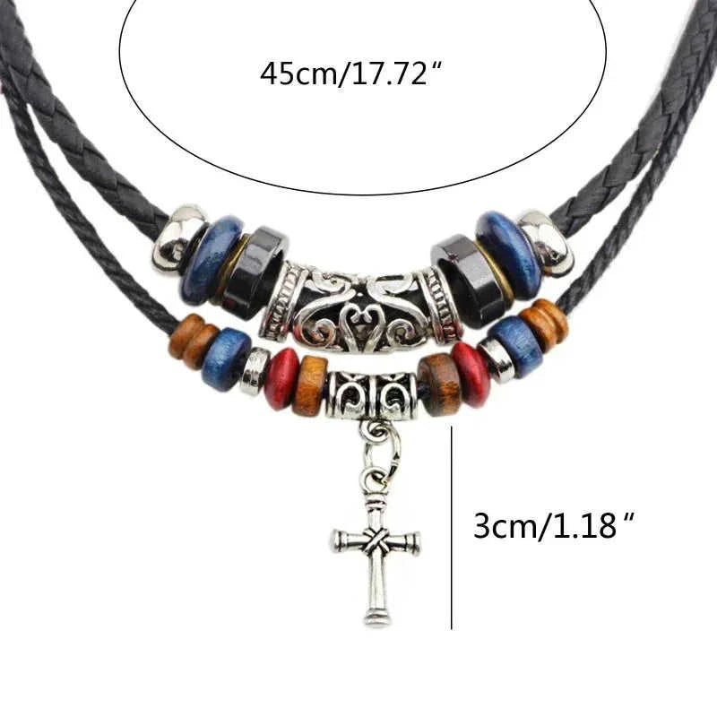 Vintage Tribal Boho Leather Necklace - Double Layer Braided Beaded Cross Pendant with Dog Tooth Charm Meifu Market