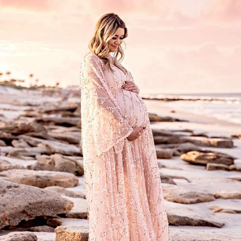 Boho Sequins Maternity Photography Props Long Dresses Bohemian 