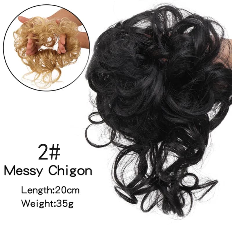synthetic bun wig messy curly hair wig ladies wig hair clip black