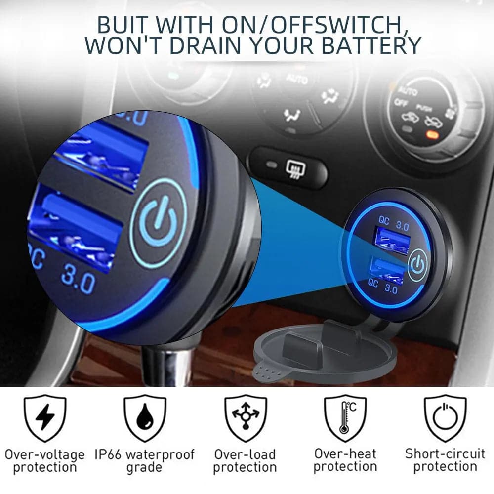 Quick Charge 3.0 Dual USB Car Charger -Waterproof 12V/24V Power Outlet 