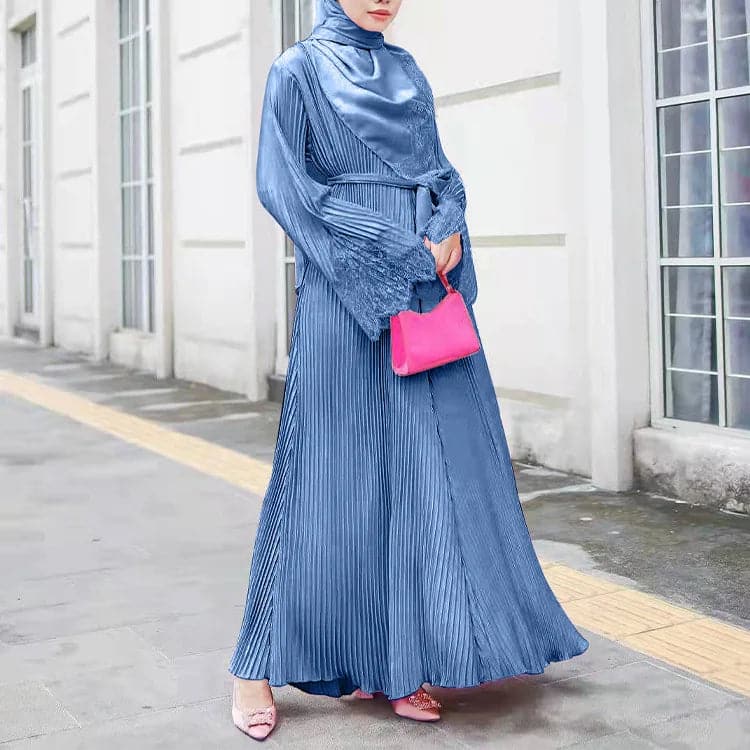 Turkey Muslim Lace Pleated Women Abaya Ramadan Eid Mubarak Kafta 