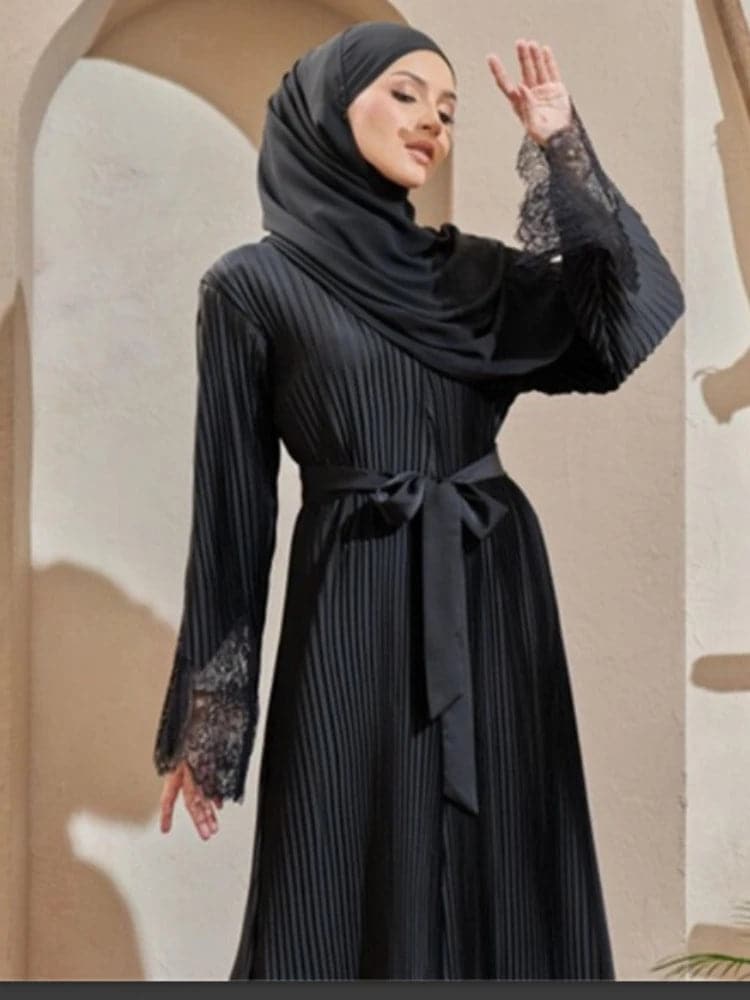 Turkey Muslim Lace Pleated Women Abaya Ramadan Eid Mubarak Kafta 