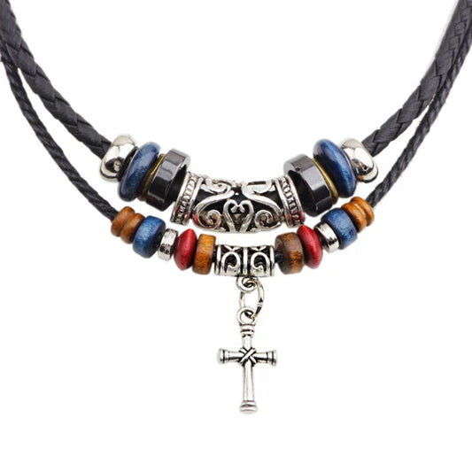 Vintage Tribal Boho Leather Necklace - Double Layer Braided Beaded Cross Pendant with Dog Tooth Charm