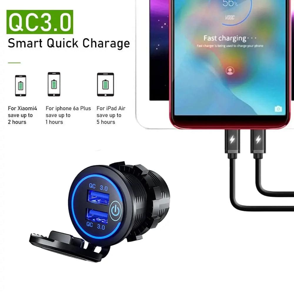 Quick Charge 3.0 Dual USB Car Charger -Waterproof 12V/24V Power Outlet 