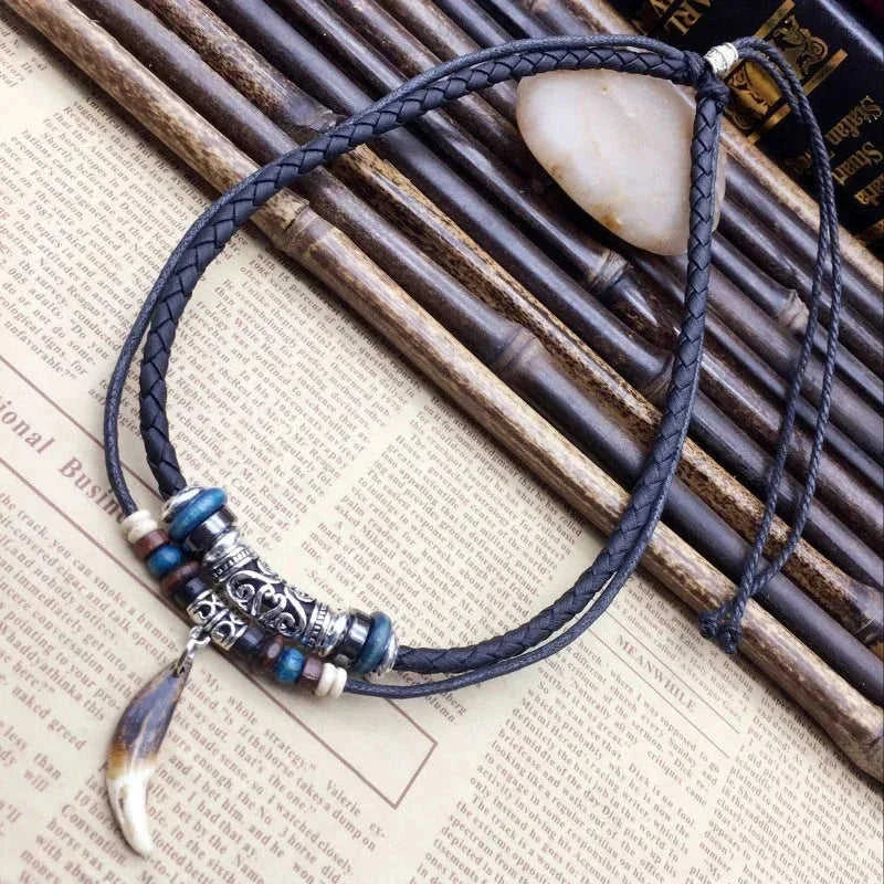 Vintage Tribal Boho Leather Necklace - Double Layer Braided Beaded Cross Pendant with Dog Tooth Charm Meifu Market