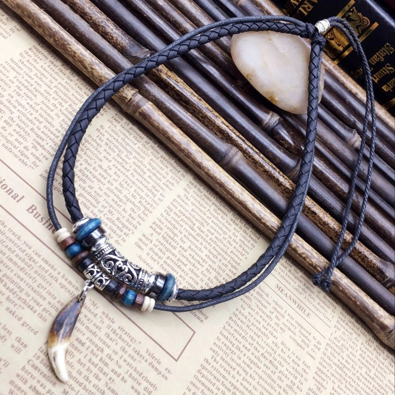 Vintage Tribal Style Boho Leather Necklace Hipppie Double Layered Braided Beaded Cross Pendant Dog Tooth Necklace Jewelry Gift Meifu Market