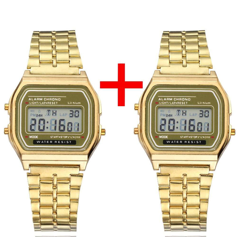 2Pcs Fashion Digital Men's Watches Gold Luxury Stainless Steel watch 