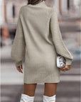 Vintage Winter Knitted Dress Ladies Chic Turtleneck Long Sleeve       