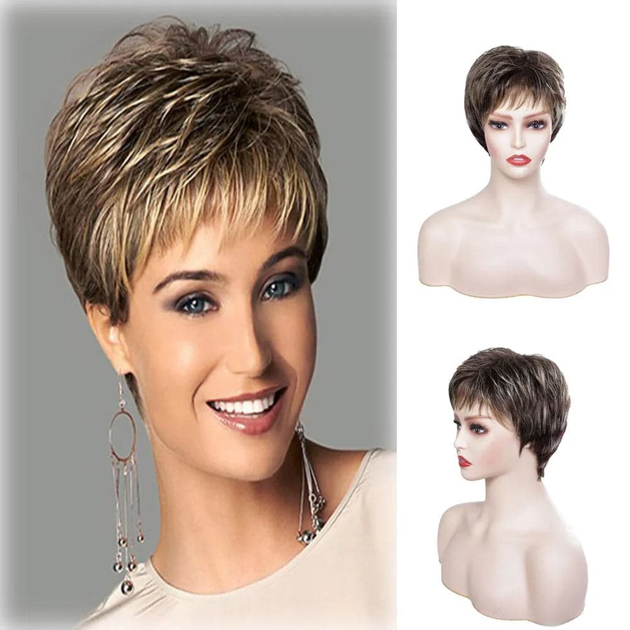 Ladies Short Brown Synthetic Wig Pixie Cut Hairstyle Straight Wig