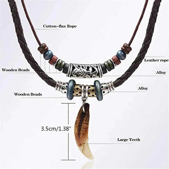 Vintage Tribal Boho Leather Necklace - Double Layer Braided Beaded Cross Pendant with Dog Tooth Charm Meifu Market