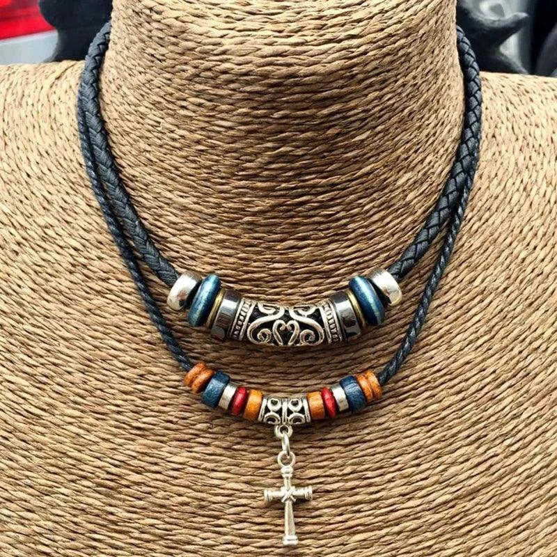 Vintage Tribal Boho Leather Necklace - Double Layer Braided Beaded Cross Pendant with Dog Tooth Charm Meifu Market