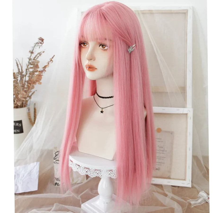 long straight hair wig synthetic pink bangs cosplay wig ladies
