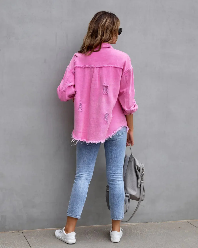 distressed denim jacket | ripped jean shirt | oversized shirt jacket | energy saving